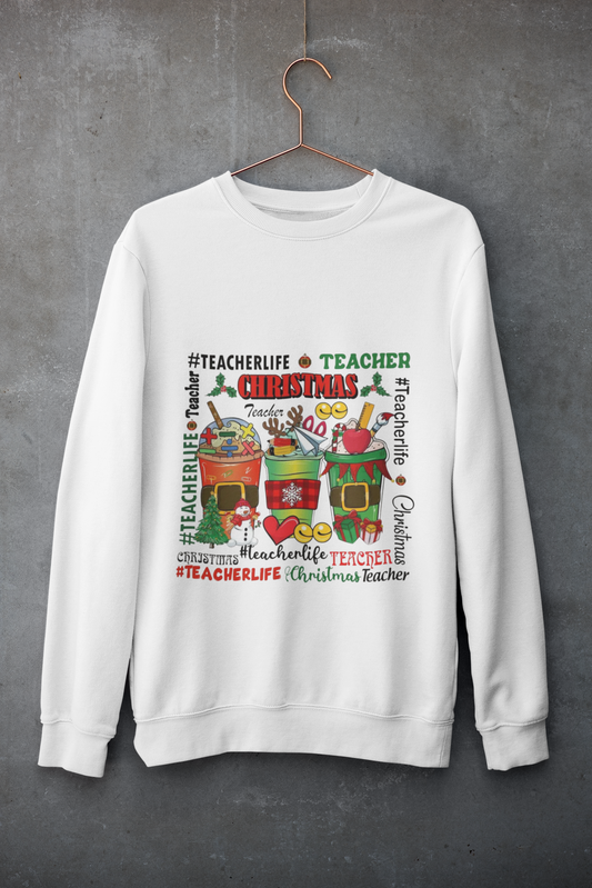 White sweatshirt with Christmas-themed text and graphics on a gray background