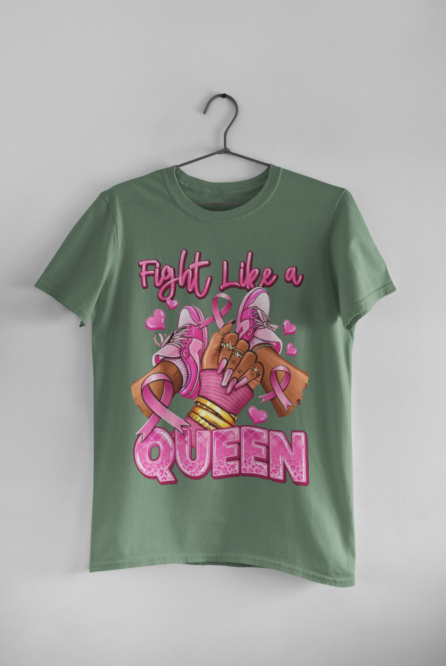 Military Green t-shirt with 'Fight Like a Queen' 