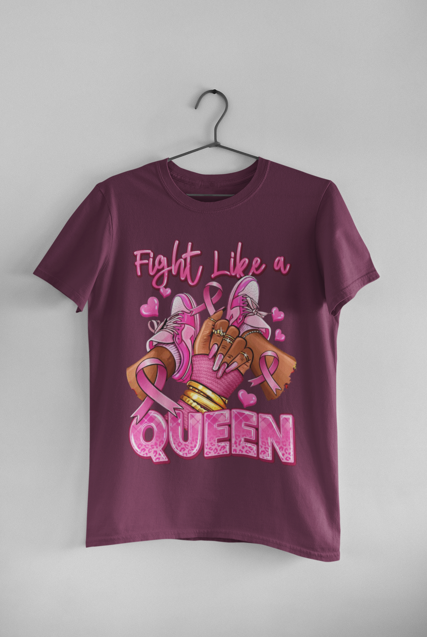 Maroon t-shirt with 'Fight Like a Queen' design 