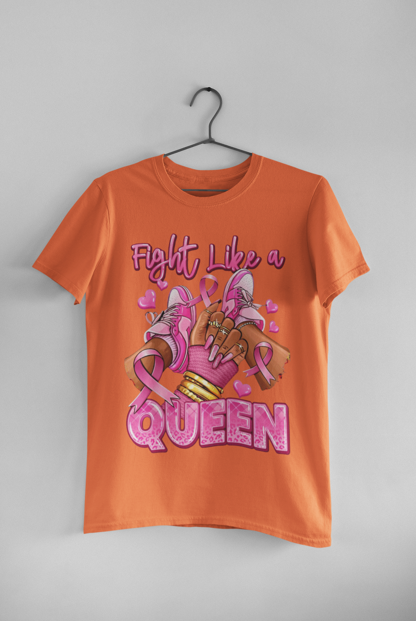 Orange t-shirt with 'Fight Like a Queen' graphic 