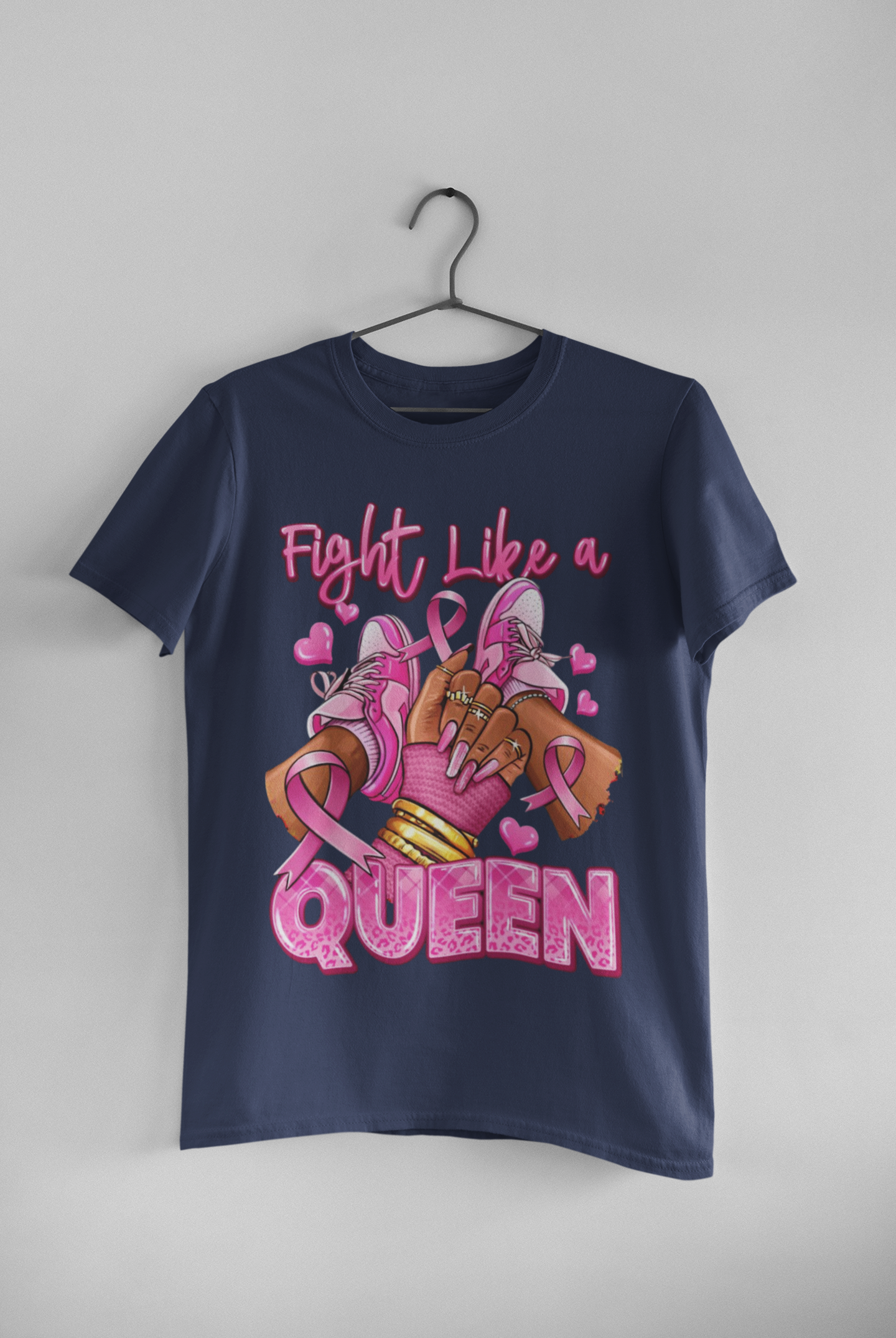 Navy blue t-shirt with 'Fight Like a Queen' graphic 