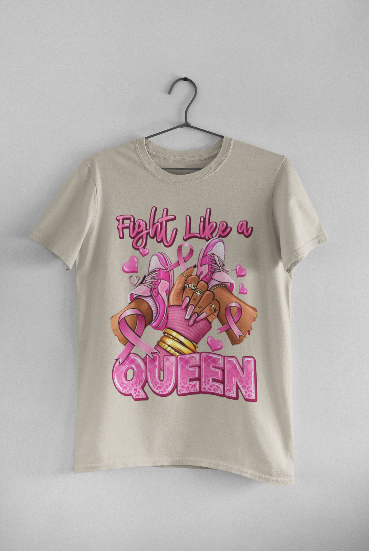 Beige t-shirt with 'Fight Like a Queen' graphic on 