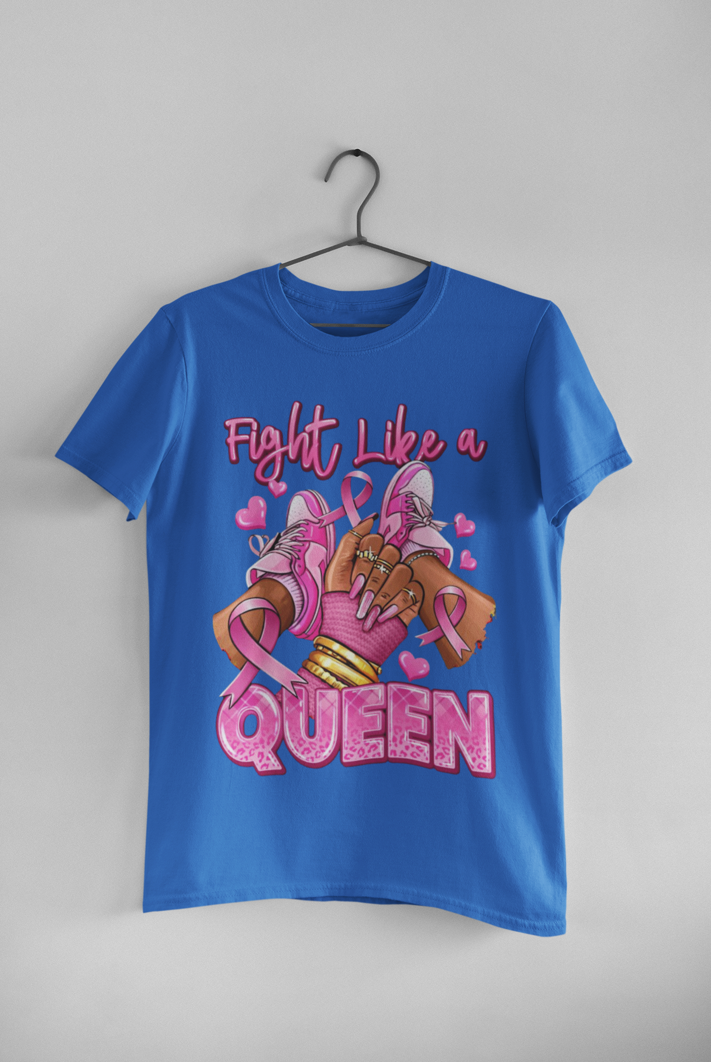 Blue t-shirt with 'Fight Like a Queen' graphic on 