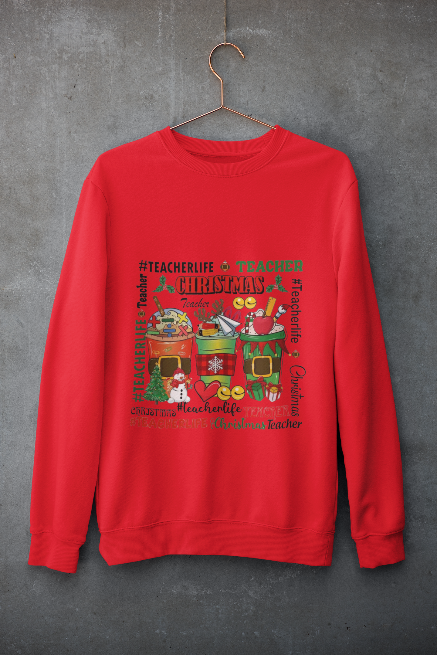 Red sweatshirt with colorful graphics and text on a gray background